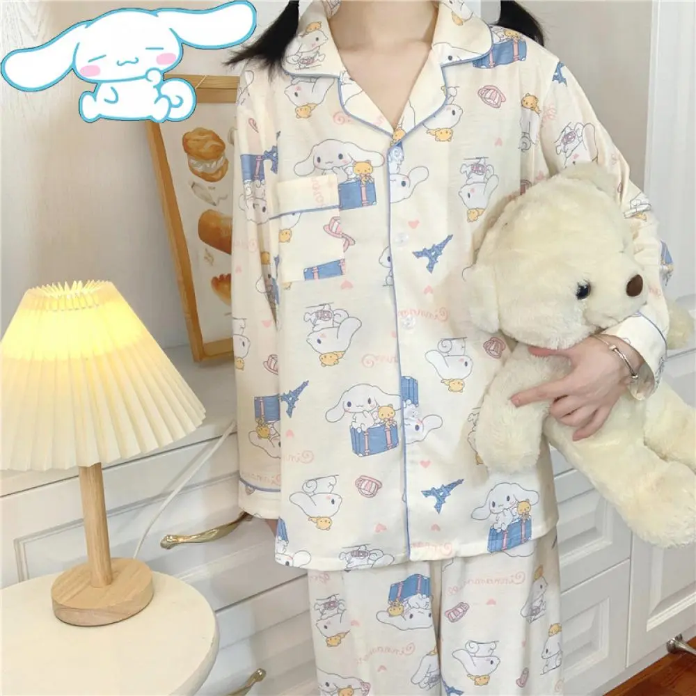 Kawaii Pompompurin Hello Kitty 2Pcs Pajama Set Sanrios Anime Long Sleeve Pants for Women Spring Girl Casual Loose Cute Homewear