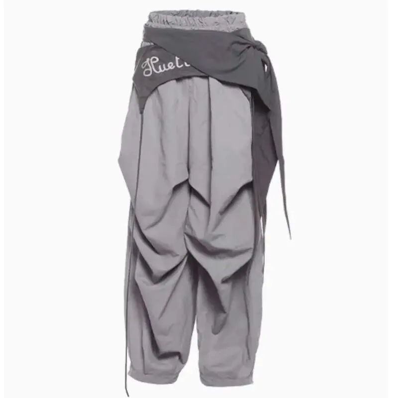DEAT Fashion Contast Color Patchwork Trousers Women's Elastic High Waist Loose Wide Leg Streetwear Cargo Pants New