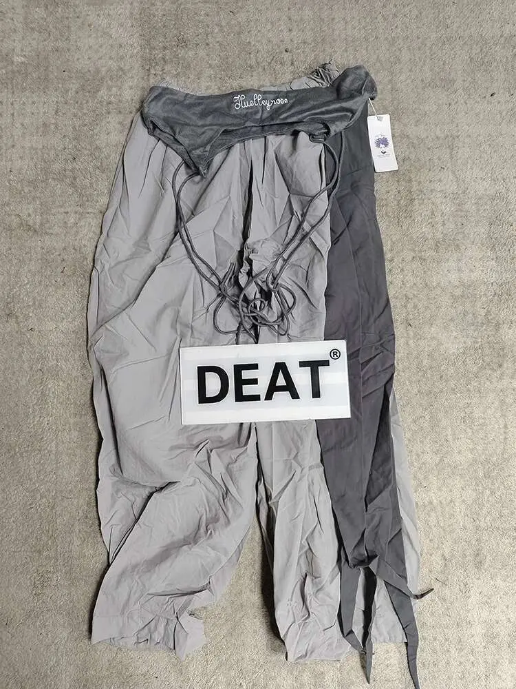 DEAT Fashion Contast Color Patchwork Trousers Women's Elastic High Waist Loose Wide Leg Streetwear Cargo Pants New