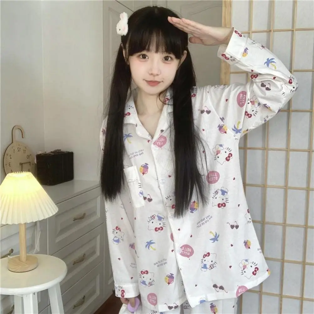 Kawaii Pompompurin Hello Kitty 2Pcs Pajama Set Sanrios Anime Long Sleeve Pants for Women Spring Girl Casual Loose Cute Homewear