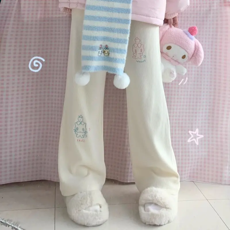 Strawberry Cat Embroidered Pattern Thickened Plush Corduroy Pants Japanese Cute Soft Girl Student Winter Loose Slimming Trousers