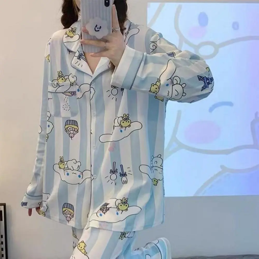 Kawaii Pompompurin Hello Kitty 2Pcs Pajama Set Sanrios Anime Long Sleeve Pants for Women Spring Girl Casual Loose Cute Homewear