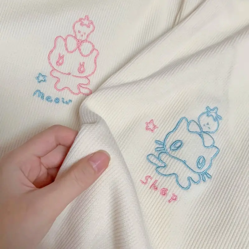 Strawberry Cat Embroidered Pattern Thickened Plush Corduroy Pants Japanese Cute Soft Girl Student Winter Loose Slimming Trousers