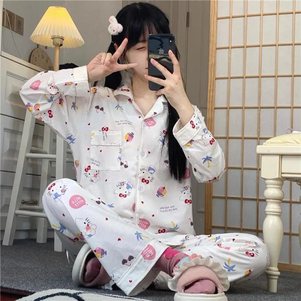 Kawaii Pompompurin Hello Kitty 2Pcs Pajama Set Sanrios Anime Long Sleeve Pants for Women Spring Girl Casual Loose Cute Homewear