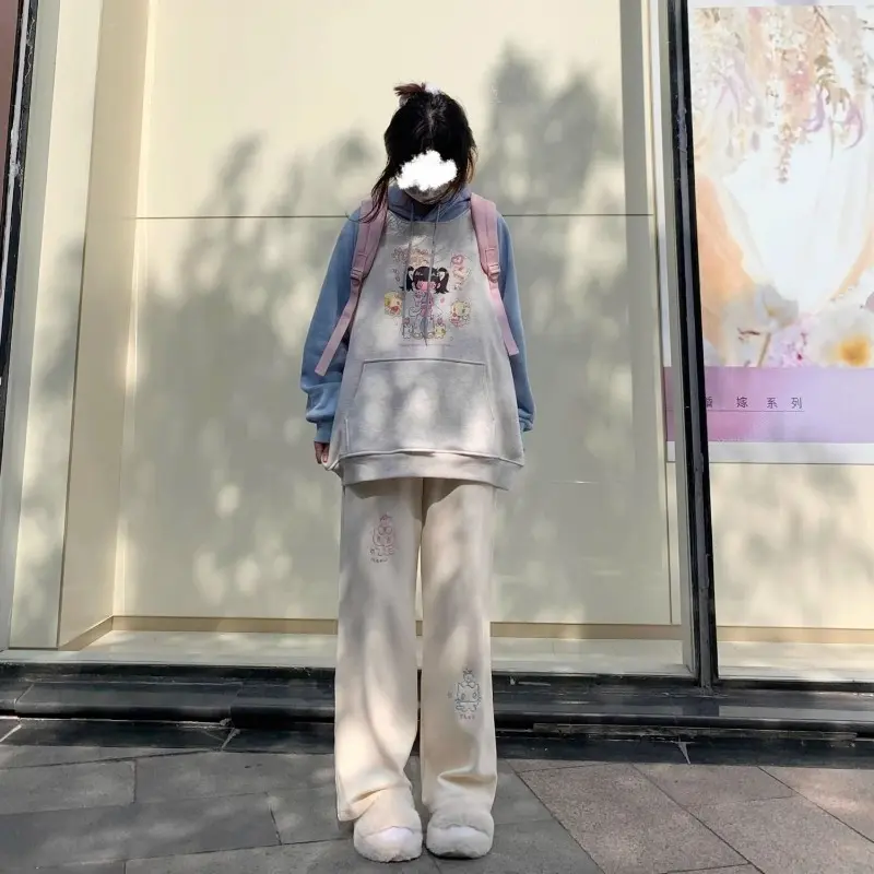 Strawberry Cat Embroidered Pattern Thickened Plush Corduroy Pants Japanese Cute Soft Girl Student Winter Loose Slimming Trousers