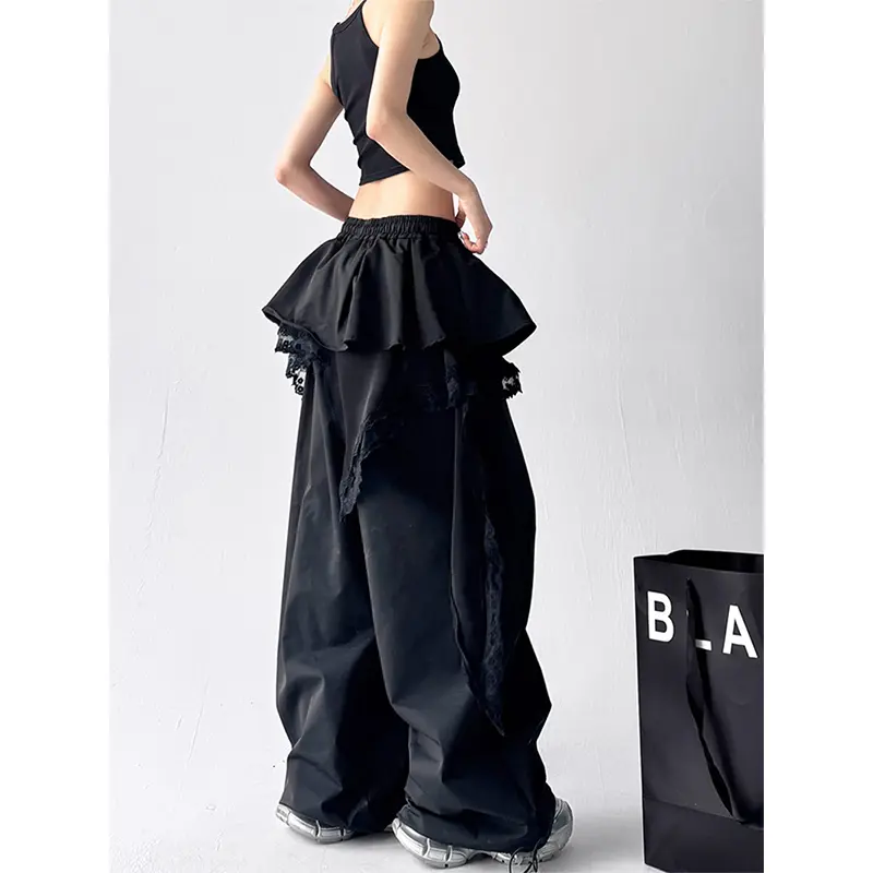 Y2K Black Cargo Pants Women Streetwear Lace Patchwork White Wide Leg Pants Summer Gyaru Harajuku Korean Baggy Trousers New