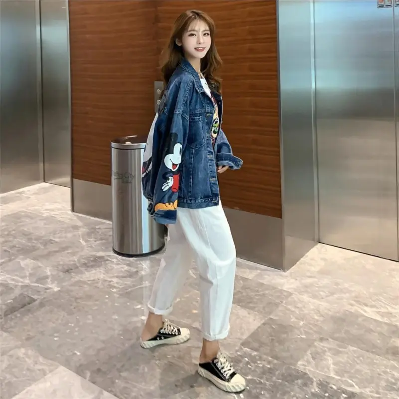 Cartoon Clothing retro Printed Denim Jacket Women  Autumn New Loose Large Size Jacket Cartoon Casual Top loose jacket