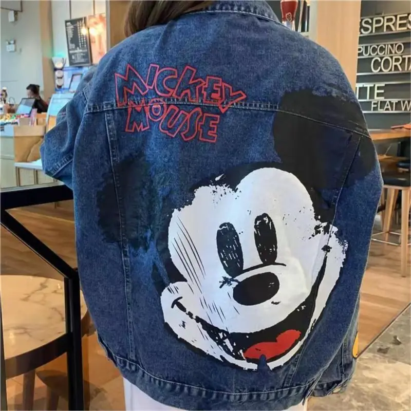 Cartoon Clothing retro Printed Denim Jacket Women  Autumn New Loose Large Size Jacket Cartoon Casual Top loose jacket
