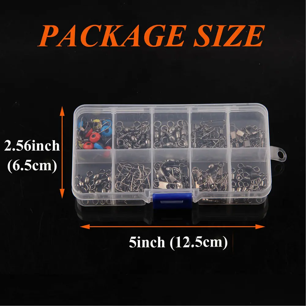 115pcs Fishing Connector Swivels Boxed Pins Center Pass Swivels Sea Bean Bass Trout Fishing Accessories for Freshwater Saltwater