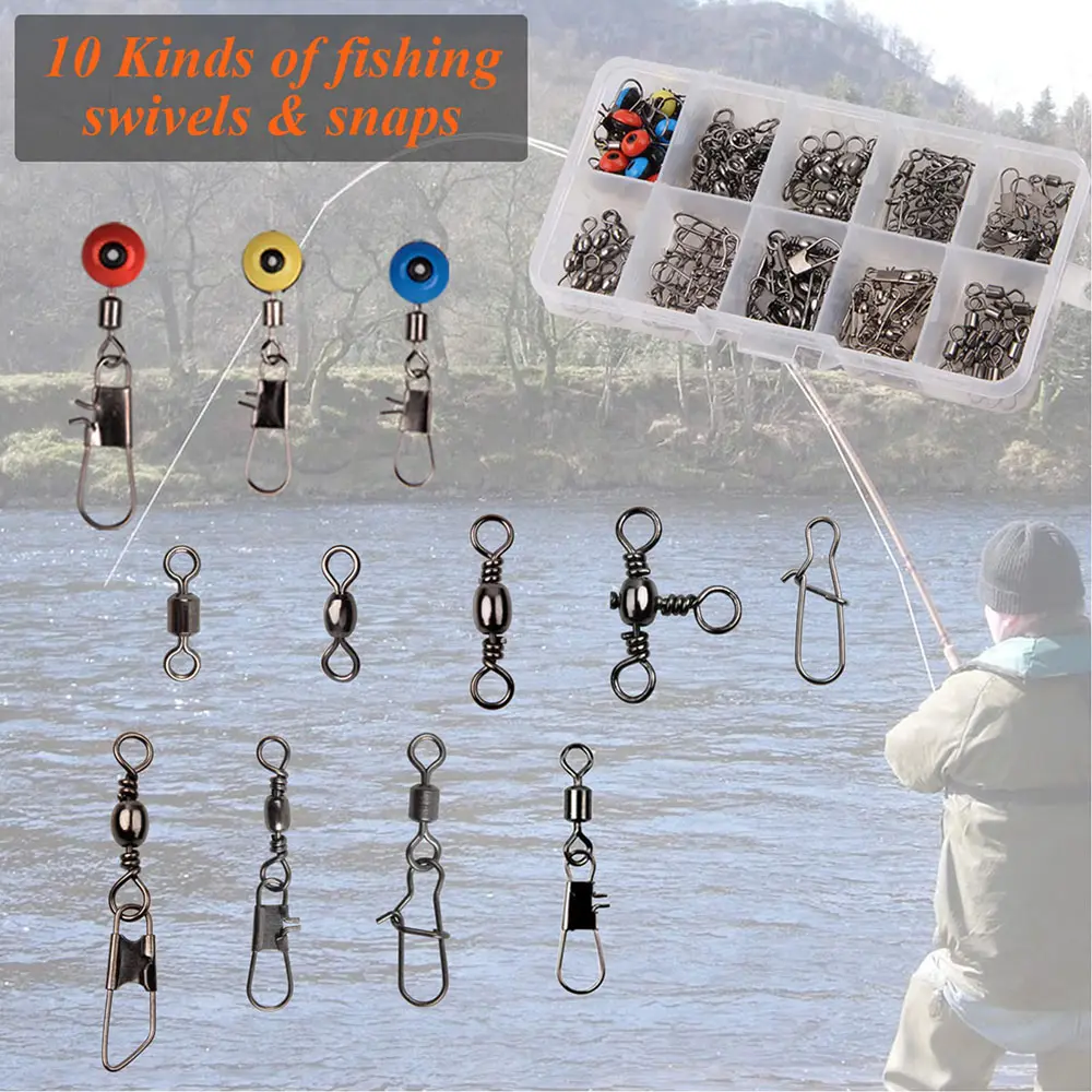 115pcs Fishing Connector Swivels Boxed Pins Center Pass Swivels Sea Bean Bass Trout Fishing Accessories for Freshwater Saltwater