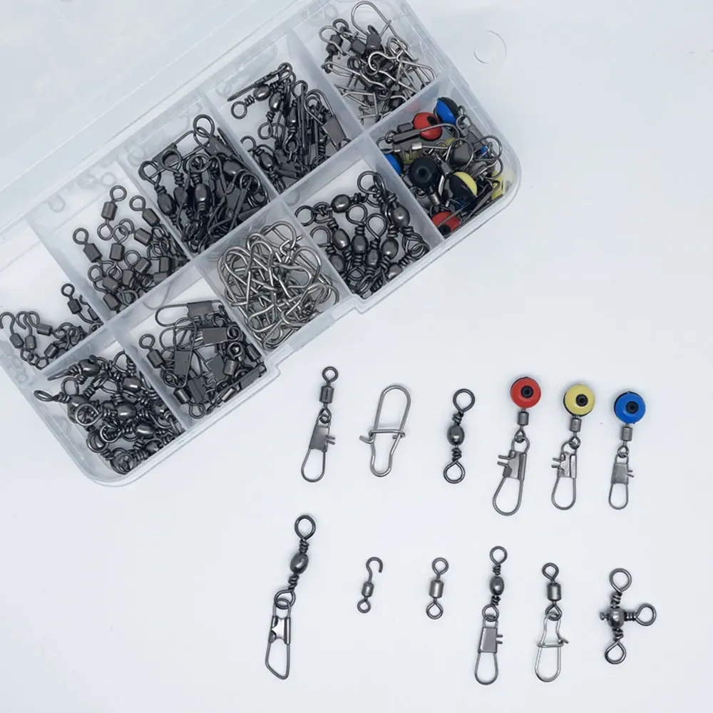 115pcs Fishing Connector Swivels Boxed Pins Center Pass Swivels Sea Bean Bass Trout Fishing Accessories for Freshwater Saltwater