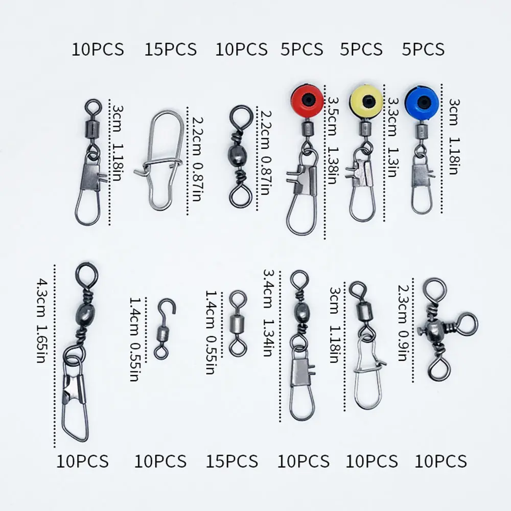 115pcs Fishing Connector Swivels Boxed Pins Center Pass Swivels Sea Bean Bass Trout Fishing Accessories for Freshwater Saltwater