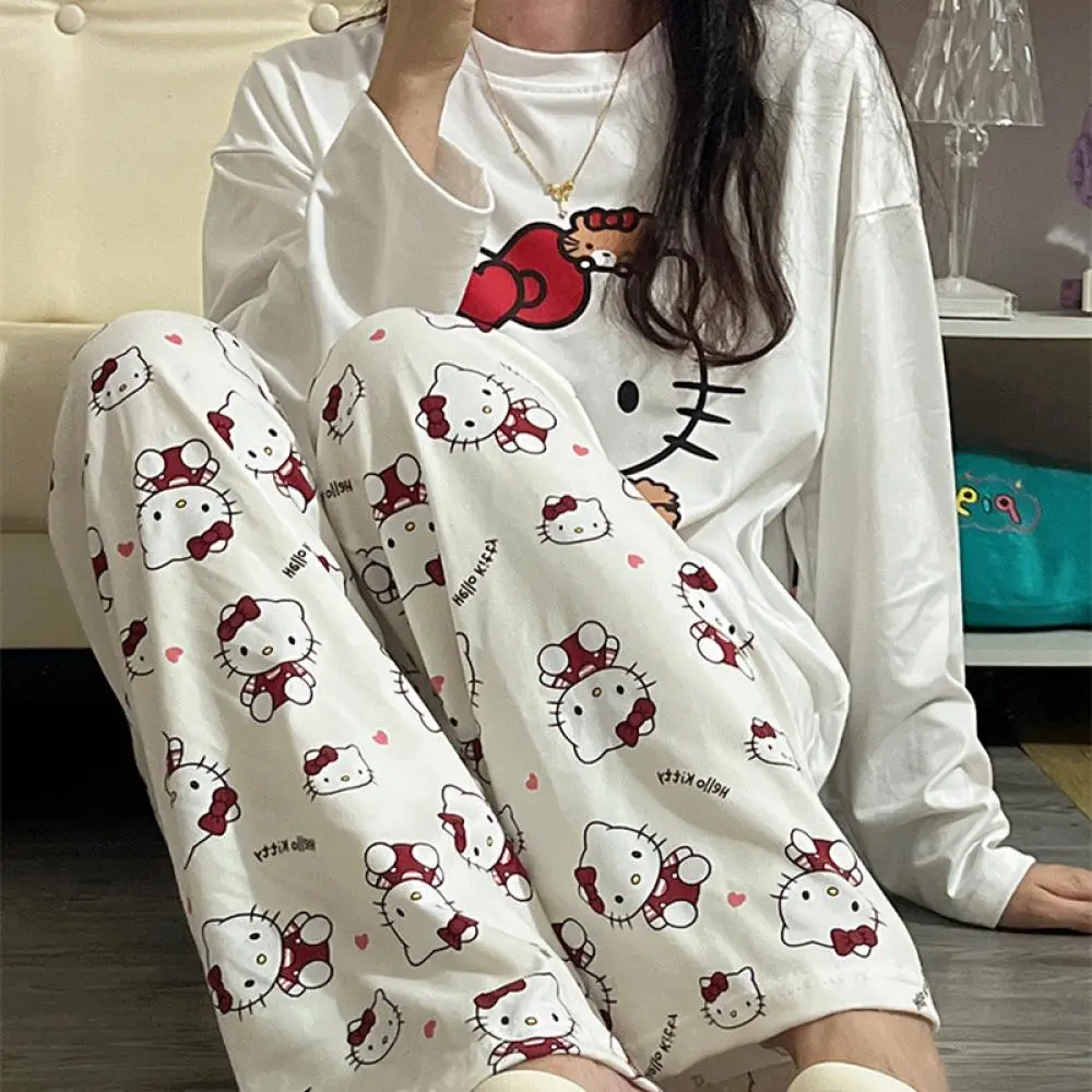 Kawaii Hello Kitty Girls Cotton Pajamas Suit Sanrios Cartoon Spring Casual Home Wear Anime Comfortable Long-Sleeved Nightclothes