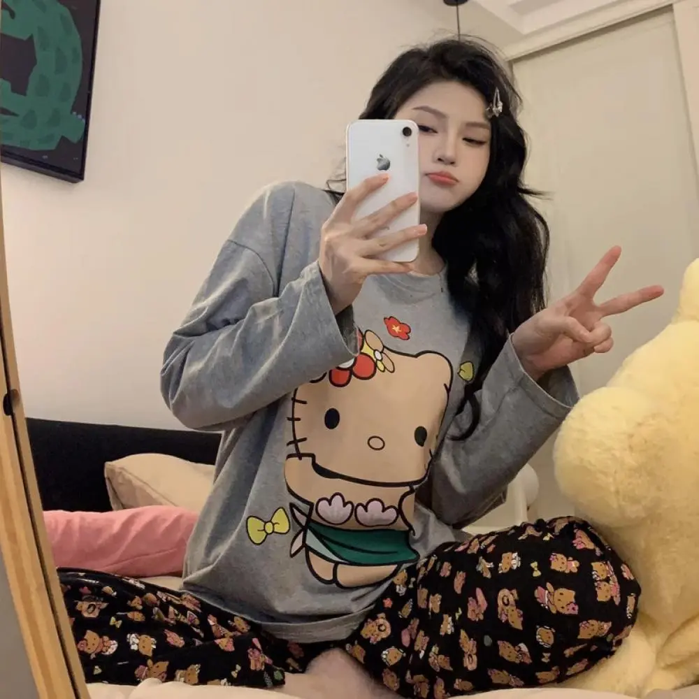Kawaii Hello Kitty Girls Cotton Pajamas Suit Sanrios Cartoon Spring Casual Home Wear Anime Comfortable Long-Sleeved Nightclothes