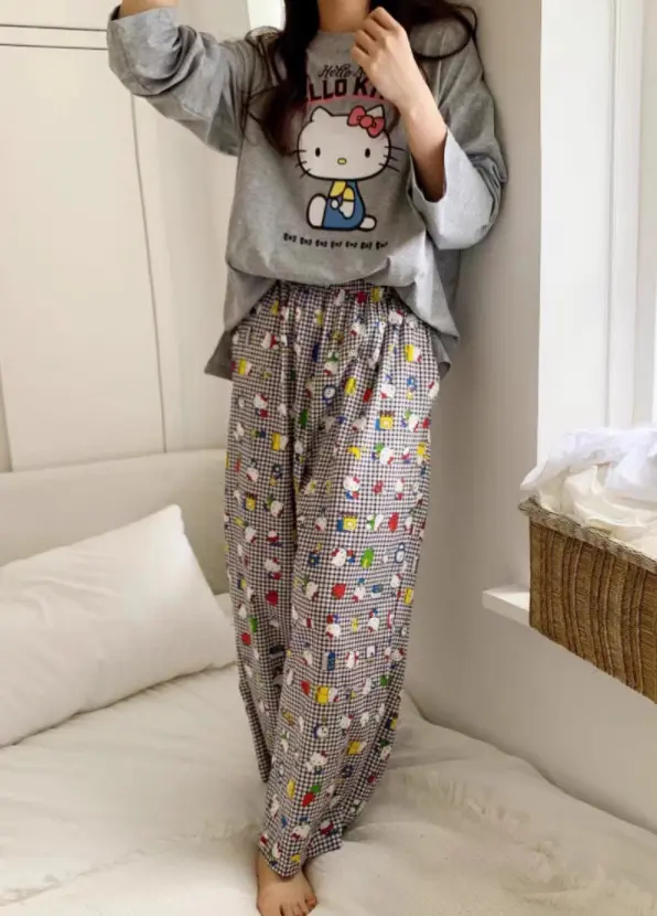 Kawaii Hello Kitty Girls Cotton Pajamas Suit Sanrios Cartoon Spring Casual Home Wear Anime Comfortable Long-Sleeved Nightclothes