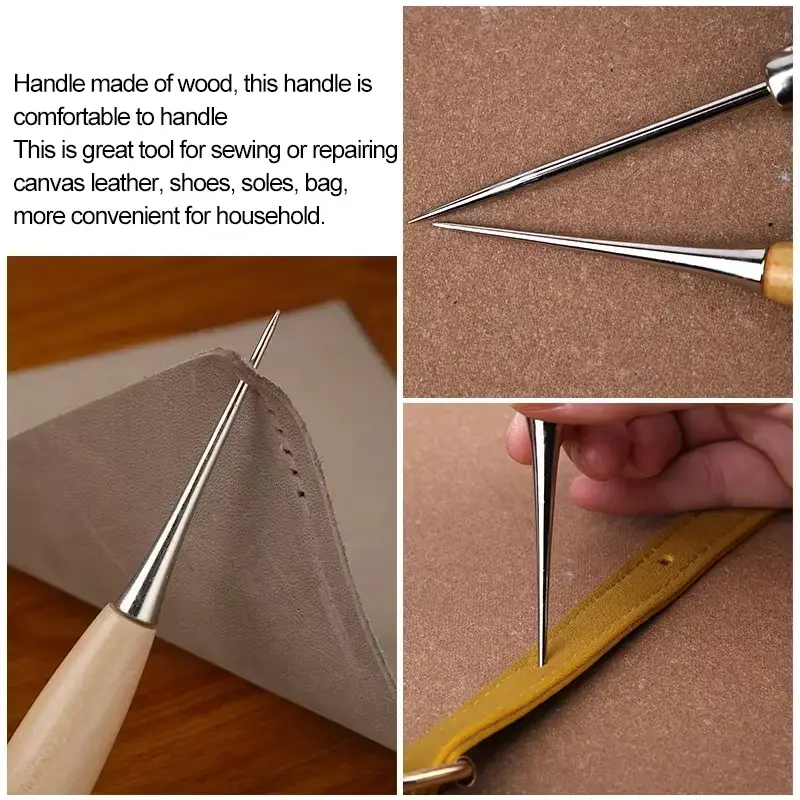 1pcs Leather Hand Stitching Awl Tool Leather Craft Hole Punch Tool Wood Handle Steel awl Craft Stitching Leather Tools