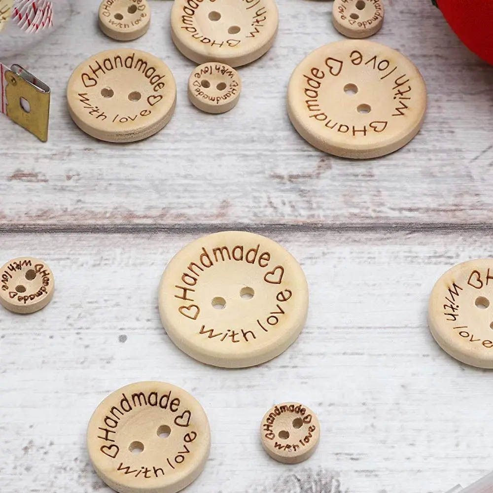 50 Pcs 2 Hole Carved Wooden 25mm Buttons Handmade DIY Clothing Accessories Circular Wooden Buttons