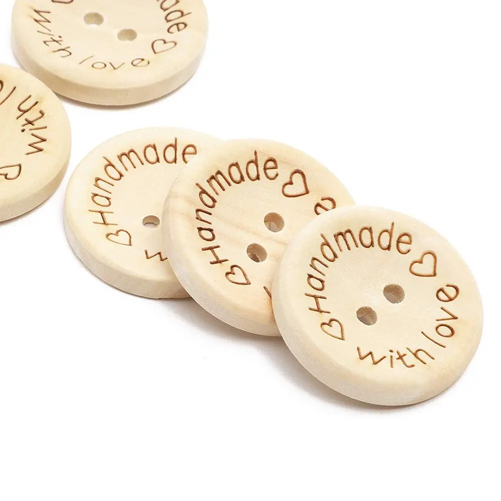 50 Pcs 2 Hole Carved Wooden 25mm Buttons Handmade DIY Clothing Accessories Circular Wooden Buttons