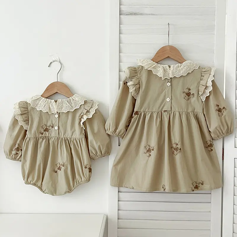 2024 Sister Clothes Baby Girl Dress Bodysuit Autumn Sister Dress Doll Collar Lace Embroidered One Piece Clothes Ruffled Dress