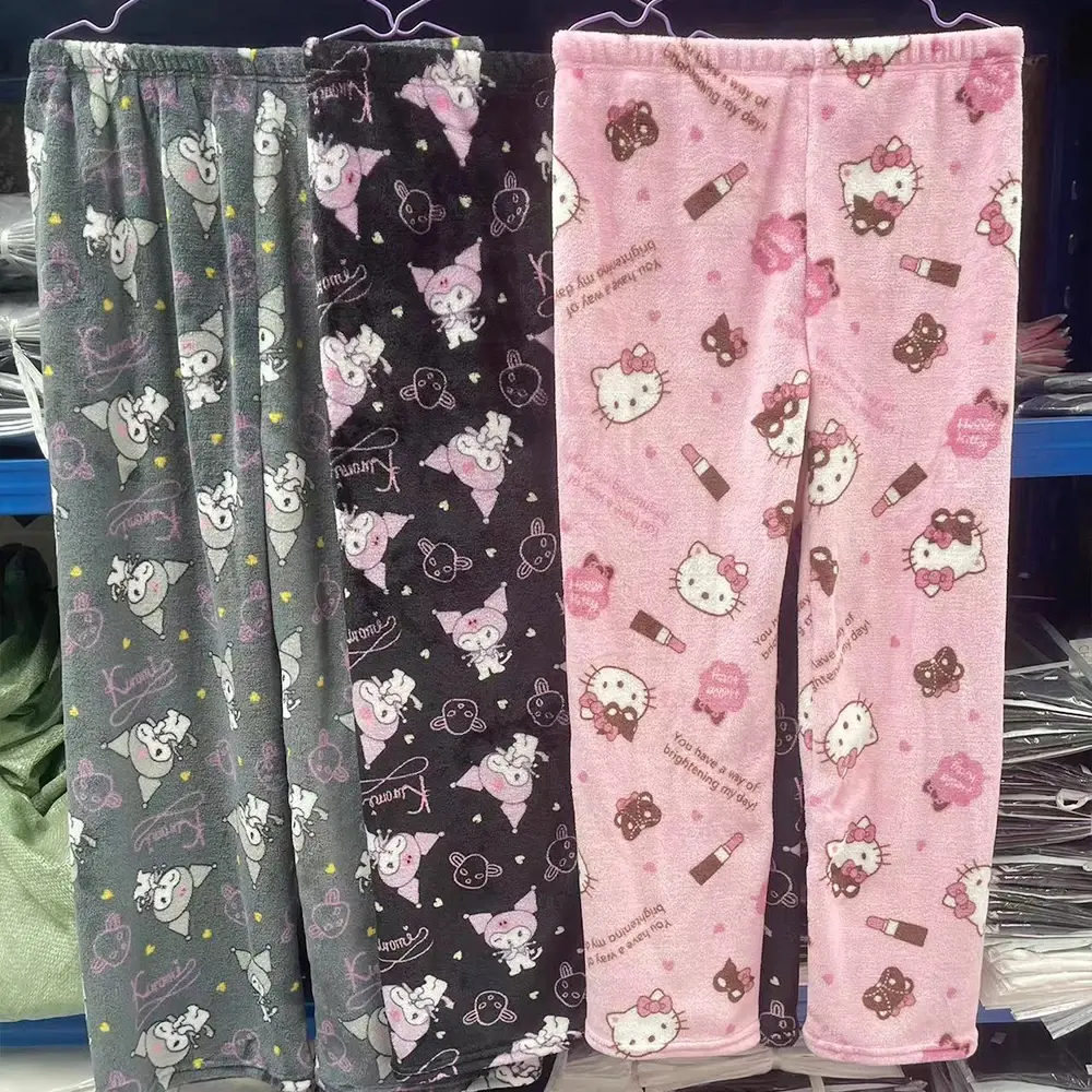 Sanrioed Y2K Hello Kitty Women Home Pants Anime Kawaii Cartoon Winter Plush Pajama Pants Warm Thicken Cute Sweet Girl Soft Gift