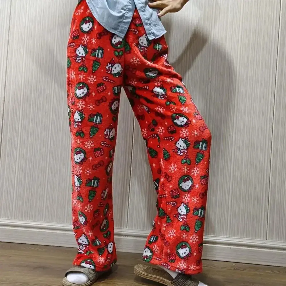 Sanrioed Y2K Hello Kitty Women Home Pants Anime Kawaii Cartoon Winter Plush Pajama Pants Warm Thicken Cute Sweet Girl Soft Gift