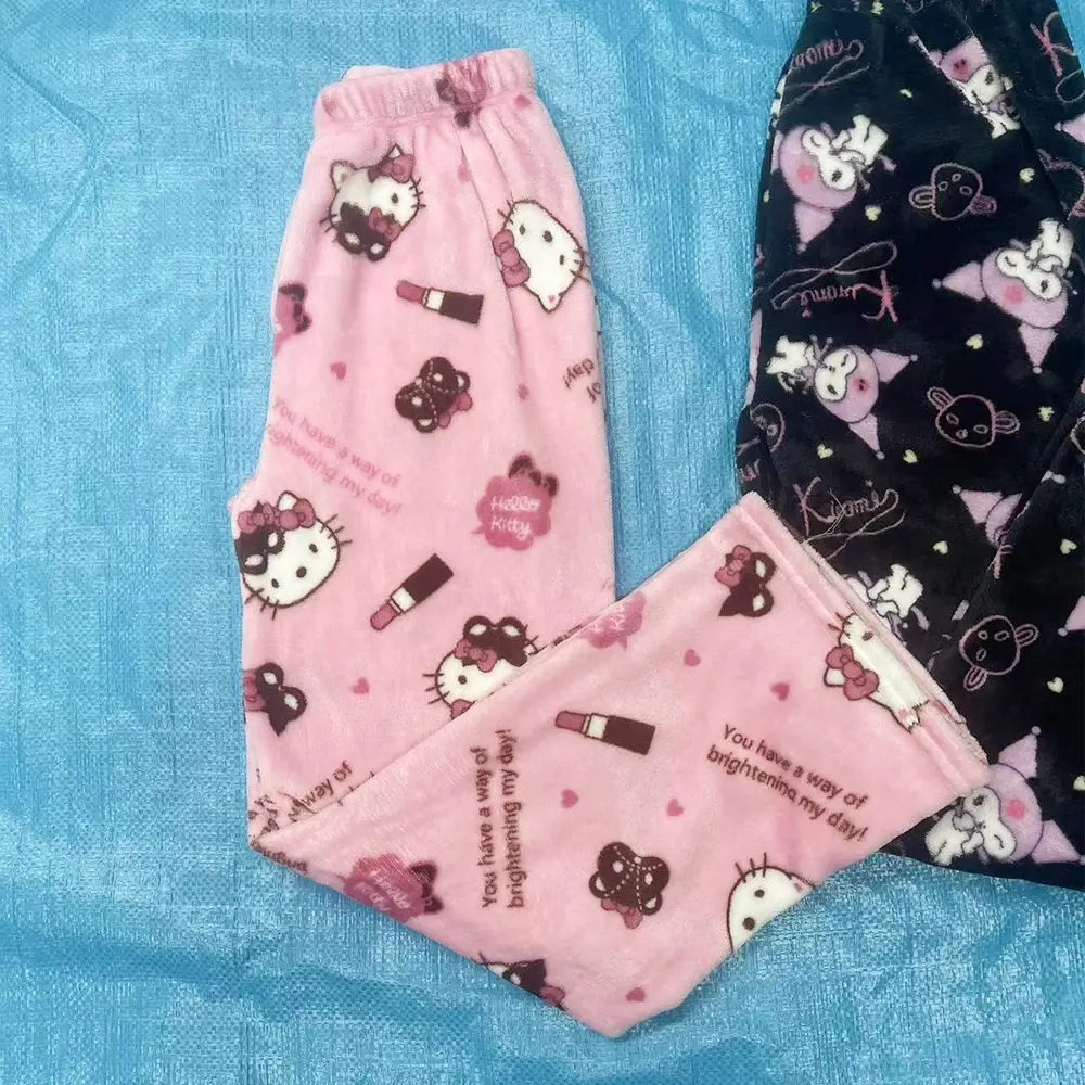 Sanrioed Y2K Hello Kitty Women Home Pants Anime Kawaii Cartoon Winter Plush Pajama Pants Warm Thicken Cute Sweet Girl Soft Gift