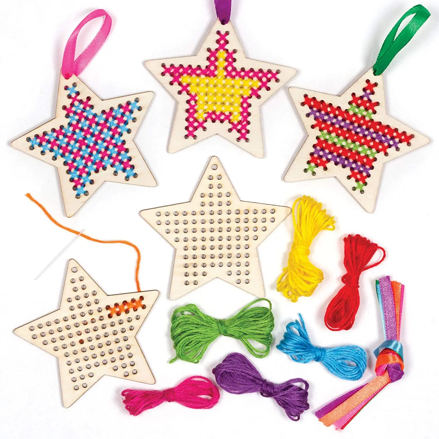 4pcs Wooden Cross Embroidery Bookmark Star Set Hanging Wooden DIY Handmade Children's Painting Christmas Crafts