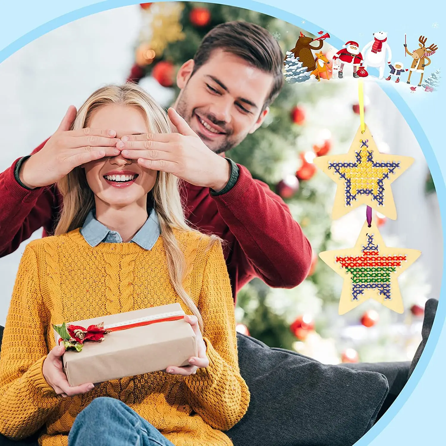 4pcs Wooden Cross Embroidery Bookmark Star Set Hanging Wooden DIY Handmade Children's Painting Christmas Crafts