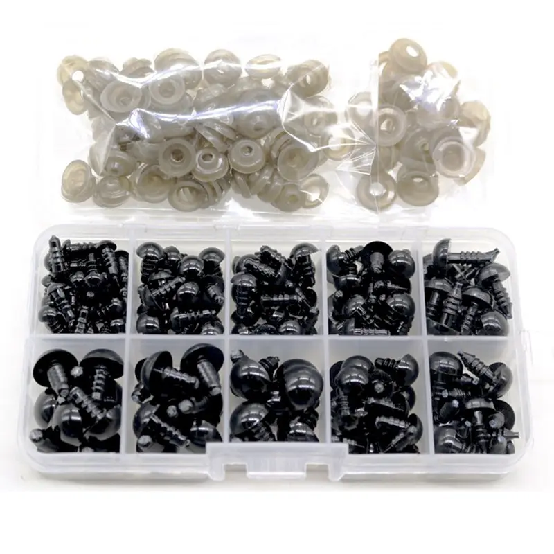 200pcs/box Black Cute Doll Eyes Set with Washers Eyes Noses For Doll Making Stuffed Animals Felt Needle Accessories