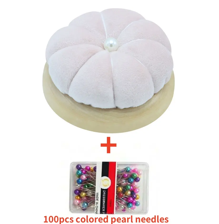 1Pc Wooden Solid Color Pumpkin Shape Pincushions Needle Cushion+100pcs Pearl Head Needle DIY Sewing Crafts