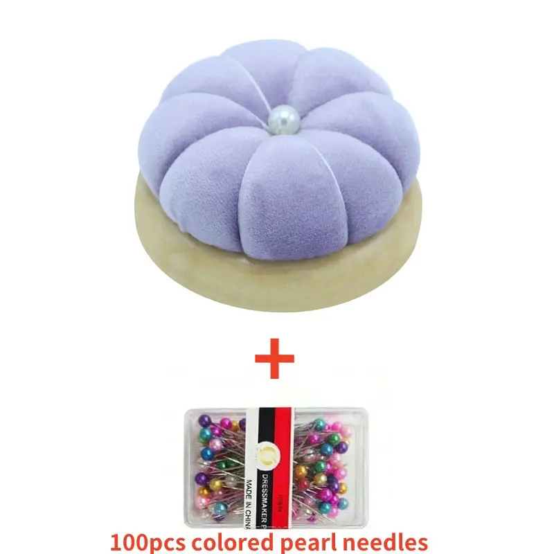 1Pc Wooden Solid Color Pumpkin Shape Pincushions Needle Cushion+100pcs Pearl Head Needle DIY Sewing Crafts