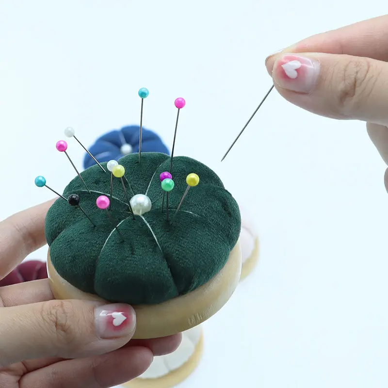 1Pc Wooden Solid Color Pumpkin Shape Pincushions Needle Cushion+100pcs Pearl Head Needle DIY Sewing Crafts