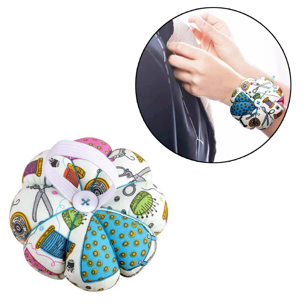 Pin Cushion Sewing Floral Pumpkin Design Sewing Kit Storage Pins for Removable Tray Built in Pin Cushion Notions Wrist Belt