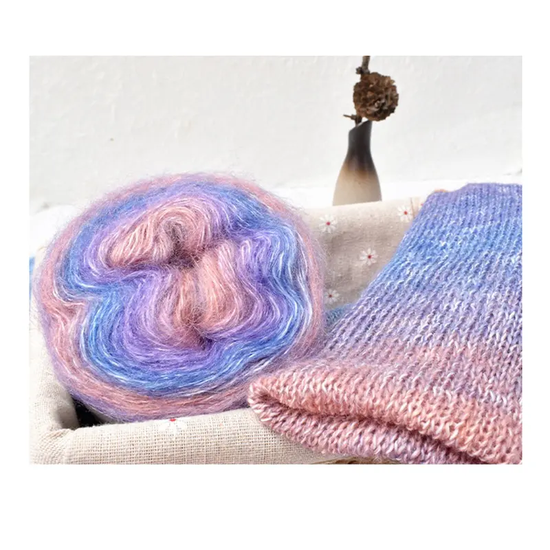 Gradient Silk Mohair Yarn Hand Woven Rainbow Hand Dyed Section Dyed Velvet Sweater Thread DIY For Scarves And Hats
