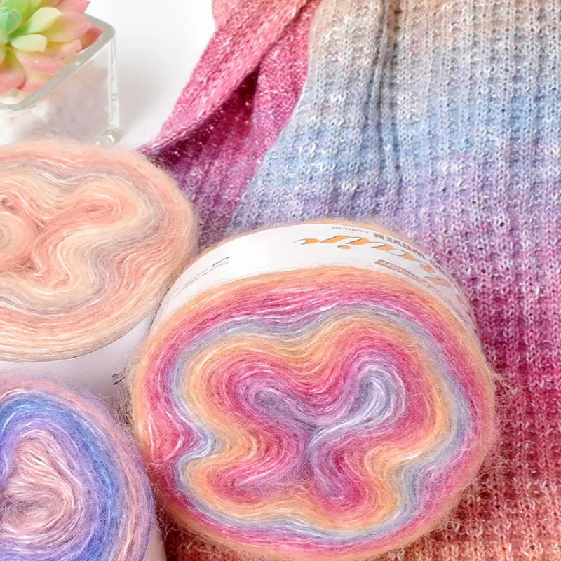 Gradient Silk Mohair Yarn Hand Woven Rainbow Hand Dyed Section Dyed Velvet Sweater Thread DIY For Scarves And Hats