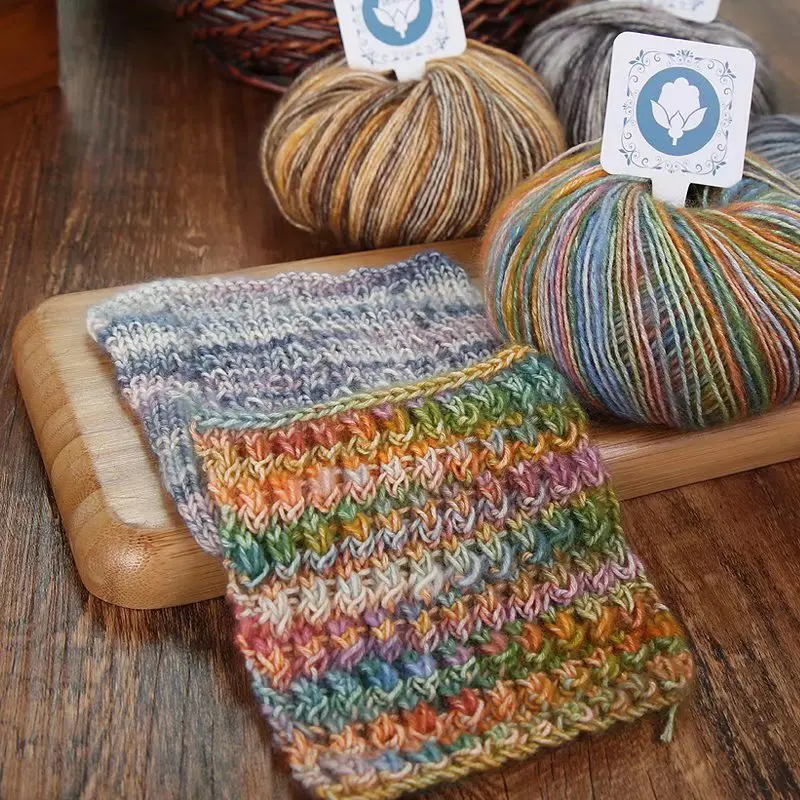 50g Roll Rainbow Cotton Line Segment Dyeing Pattern Hand Woven Medium Thick Camouflage Cotton Gradient Line For Scarves And Hats