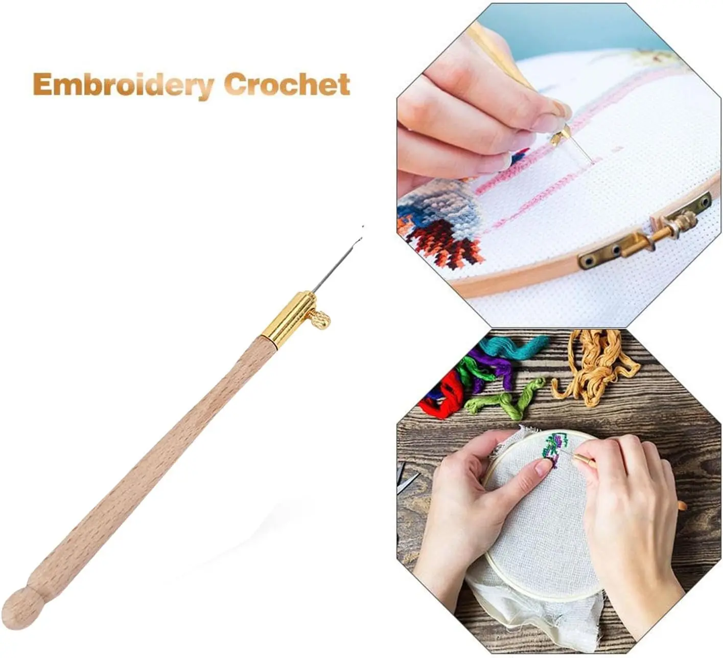 Embroidery Crochet Hooks with 3 Needles Wooden Handle Hook Latch Beaded Needle for Embroidery Sequin Beading Knitting DIY Sewing