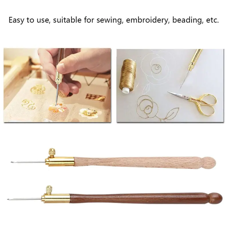 Embroidery Crochet Hooks with 3 Needles Wooden Handle Hook Latch Beaded Needle for Embroidery Sequin Beading Knitting DIY Sewing