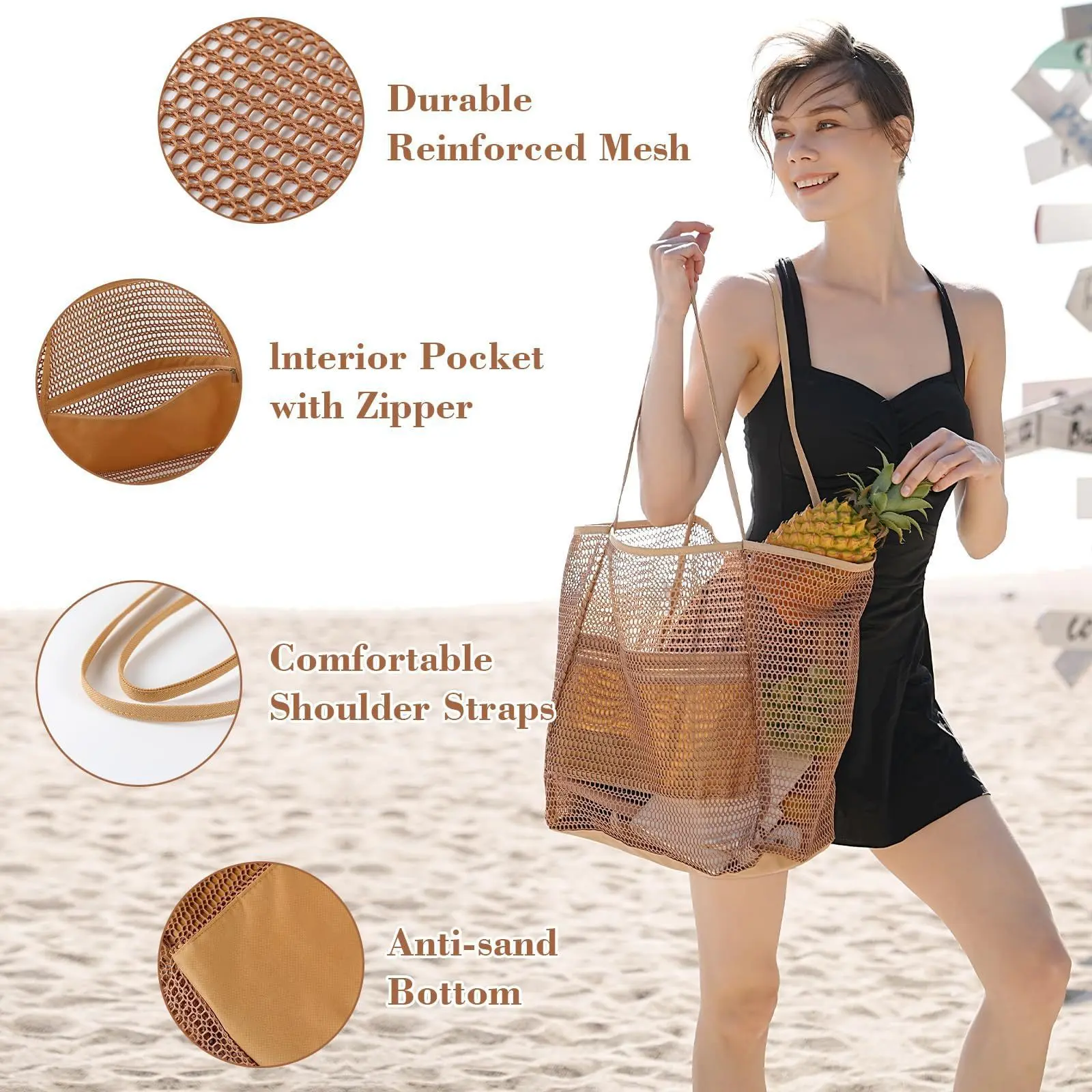 Mesh Beach Bag Women's Shoulder Tote Bag Large Capacity Summer Outdoor Travel Bag Folding Beach Bag Mesh Handbag