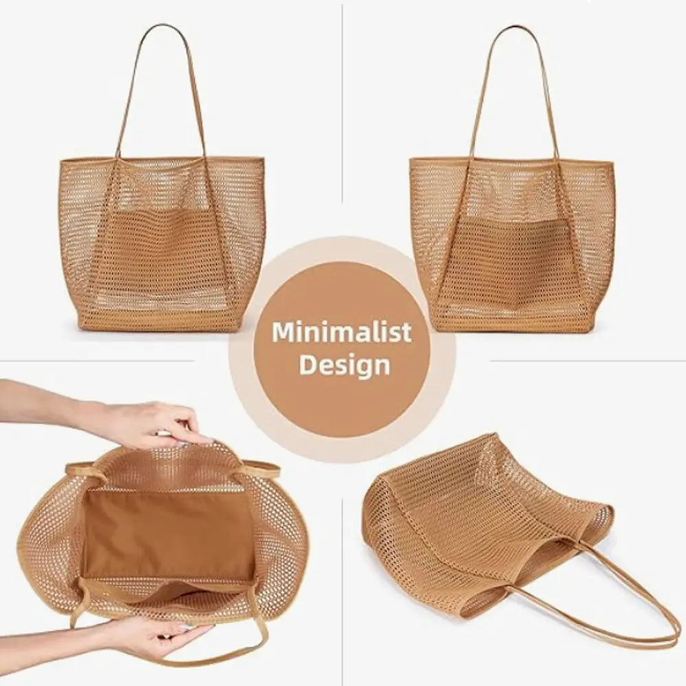 Mesh Beach Bag Women's Shoulder Tote Bag Large Capacity Summer Outdoor Travel Bag Folding Beach Bag Mesh Handbag