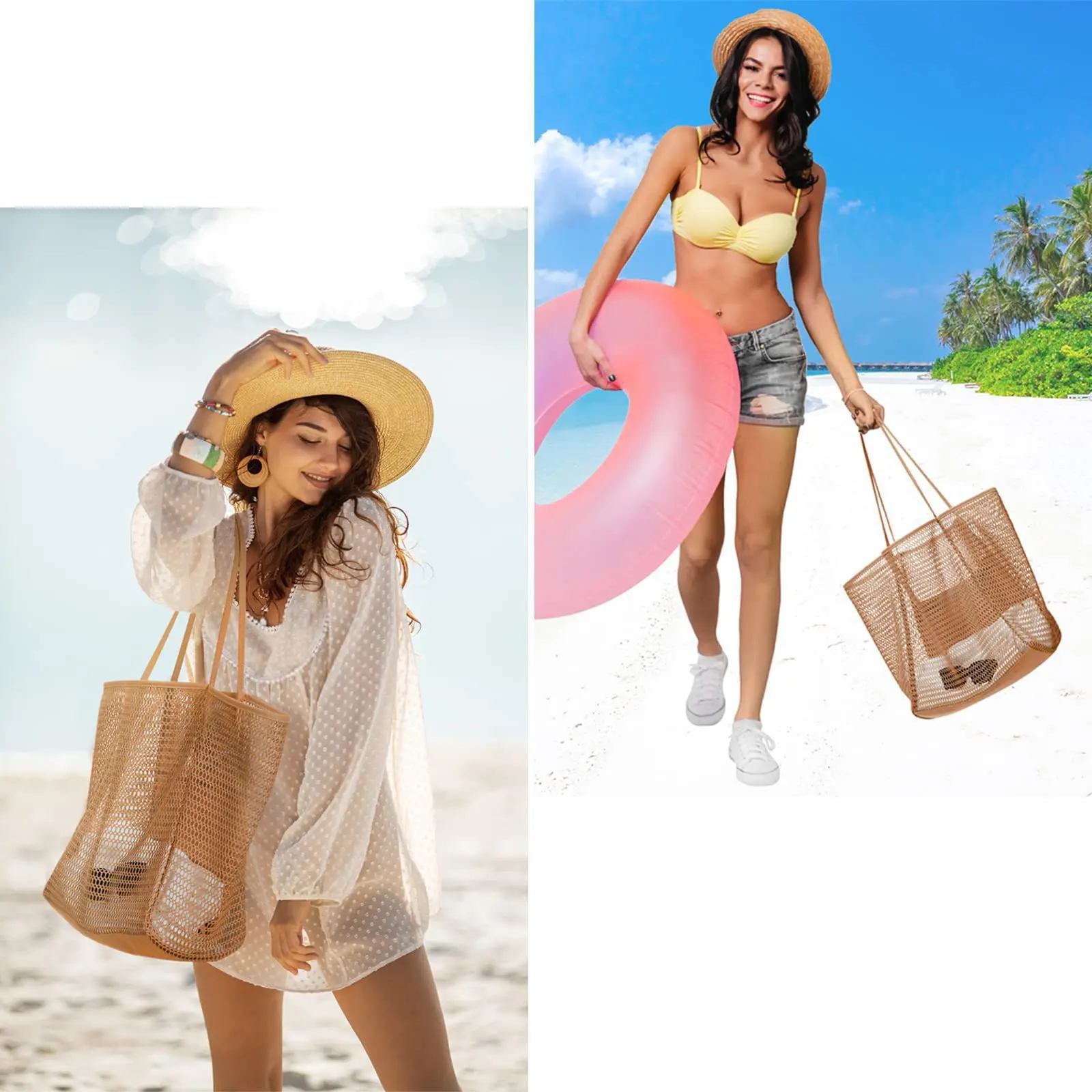 Mesh Beach Bag Women's Shoulder Tote Bag Large Capacity Summer Outdoor Travel Bag Folding Beach Bag Mesh Handbag