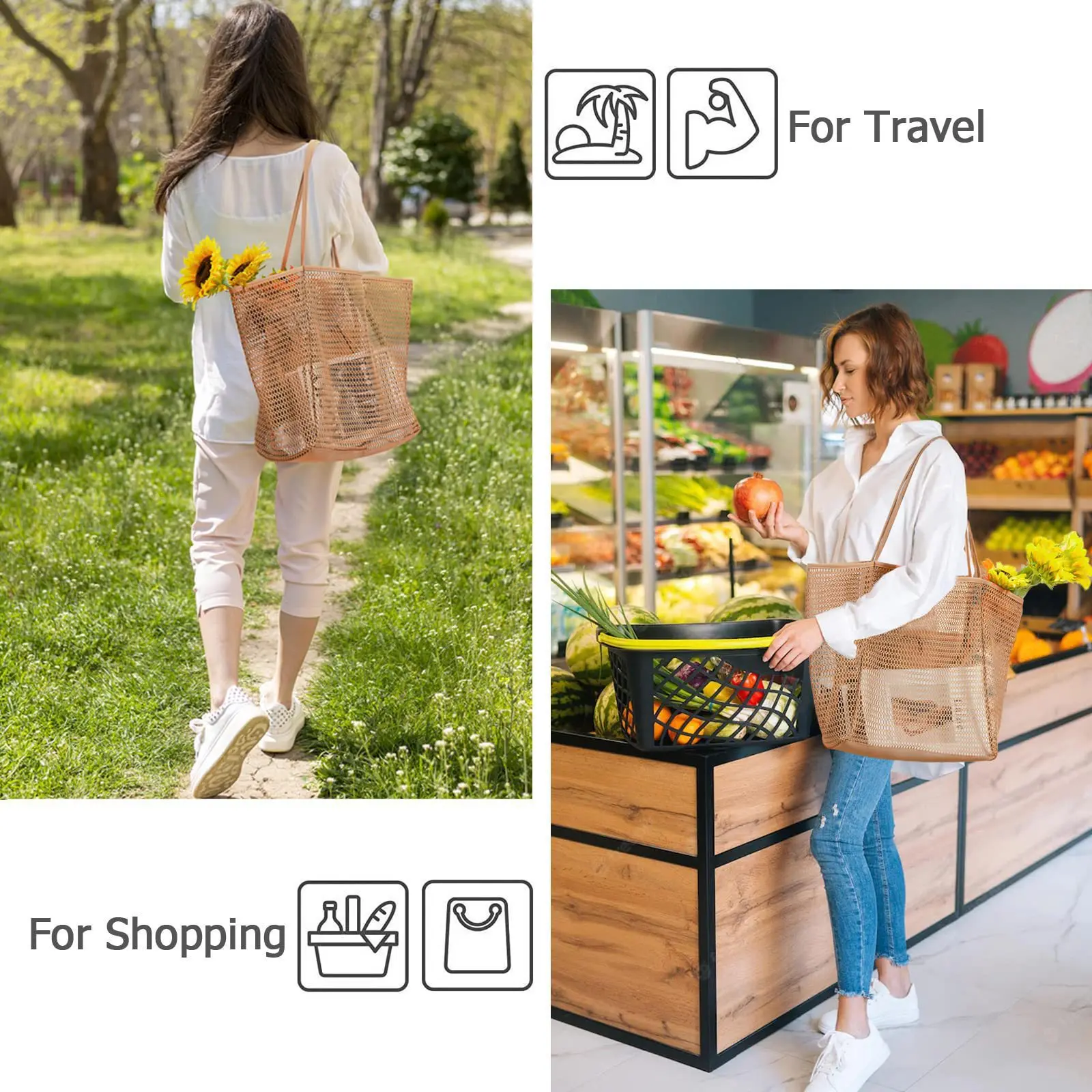 Mesh Beach Bag Women's Shoulder Tote Bag Large Capacity Summer Outdoor Travel Bag Folding Beach Bag Mesh Handbag