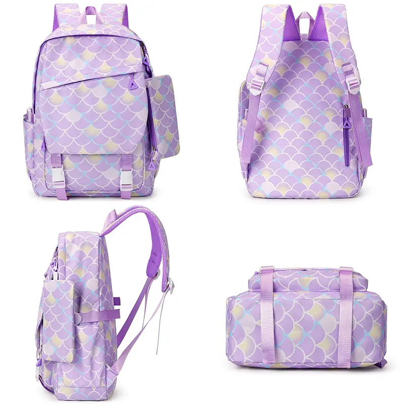 3Pcs Lilo Stitch Fish Scale Kid Backpack With Mermaid Pendant Lunch Girl School Bag Children Schoolbag For Teenage Girls
