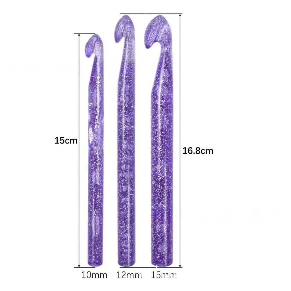 3pcs Purple Glitter Plastic Transparent Sequin Crystal Crochet Hook 10+12+15mm Wool Knitting Crochet Set
