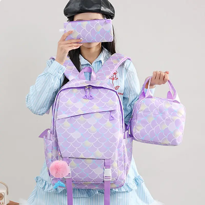 3Pcs Lilo Stitch Fish Scale Kid Backpack With Mermaid Pendant Lunch Girl School Bag Children Schoolbag For Teenage Girls