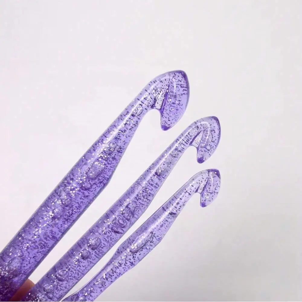 3pcs Purple Glitter Plastic Transparent Sequin Crystal Crochet Hook 10+12+15mm Wool Knitting Crochet Set