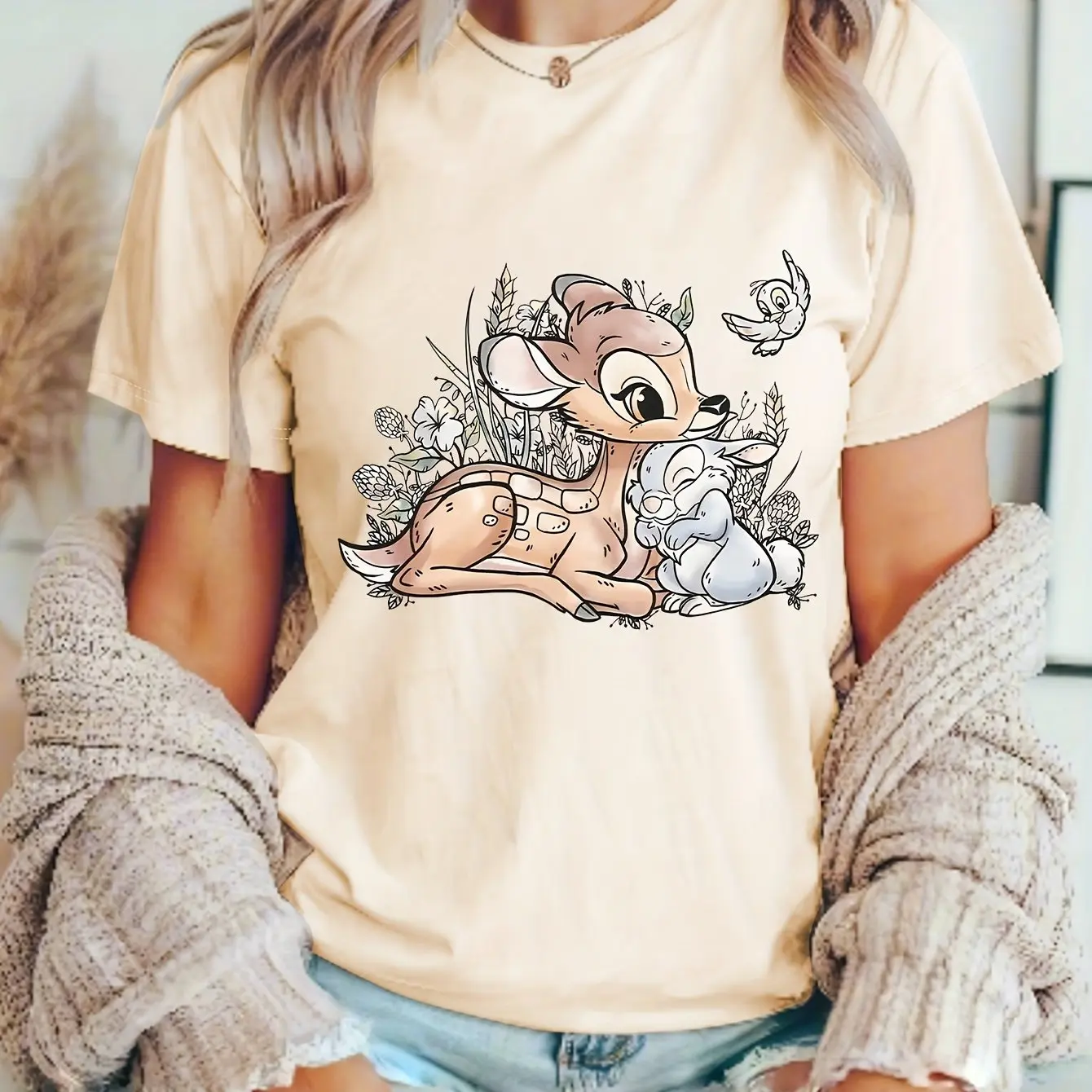 Disney Bambi Girl Kids Summer T-shirt Family Cartoon Cute Parent-child Clothing Casual  Loose Comfortable Short Sleeve Women Top