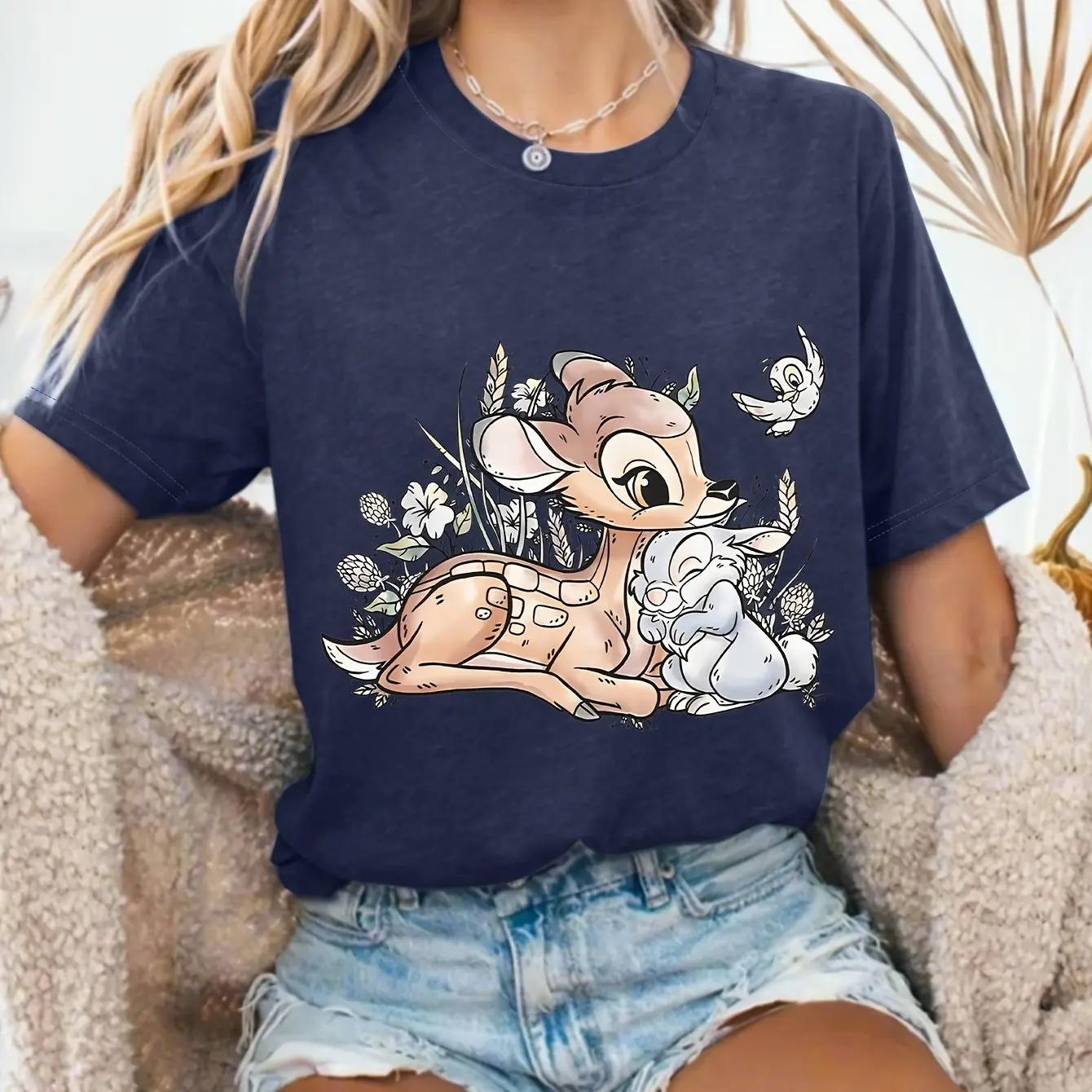 Disney Bambi Girl Kids Summer T-shirt Family Cartoon Cute Parent-child Clothing Casual  Loose Comfortable Short Sleeve Women Top