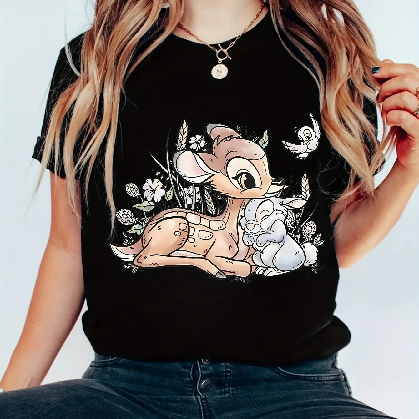Disney Bambi Girl Kids Summer T-shirt Family Cartoon Cute Parent-child Clothing Casual  Loose Comfortable Short Sleeve Women Top