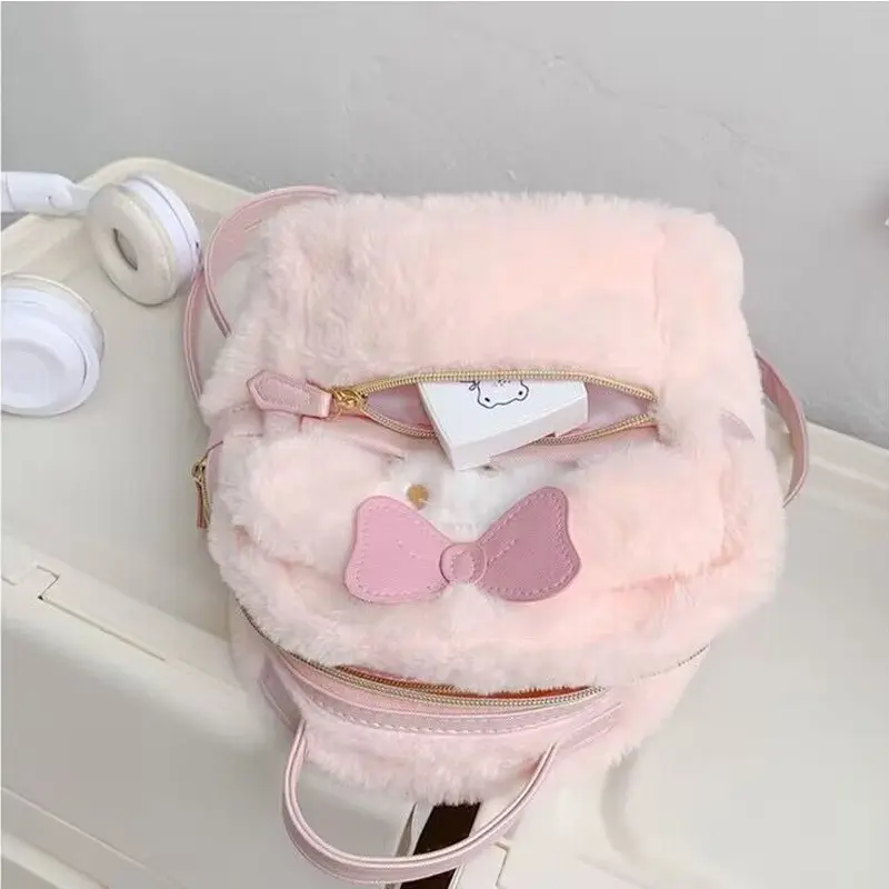 Kawaii Cartoon Plush Pink Bow My Melody Girl Backpack Large Capacity Student Cute Cinnamoroll Backpack